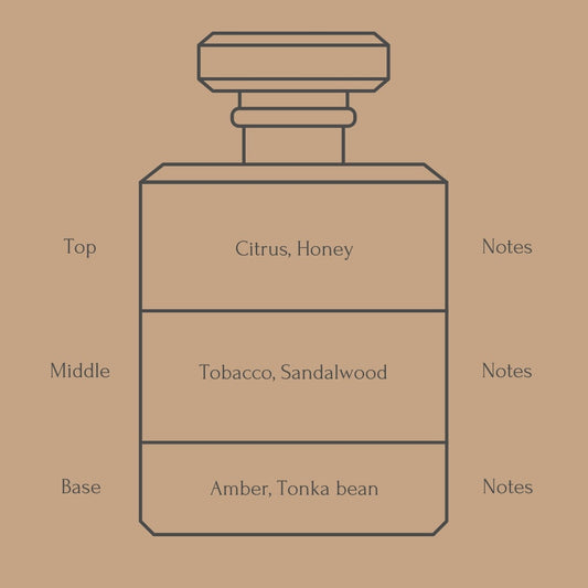 Perfume bottle diagram with fragrance notes for top, middle, and base layers on a beige background