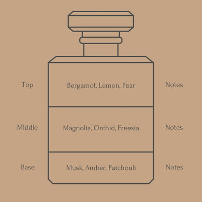 Perfume bottle diagram with fragrance notes on a beige background