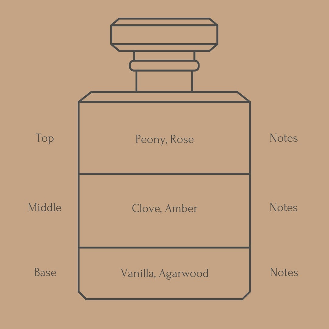 Perfume bottle diagram with fragrance notes on a beige background