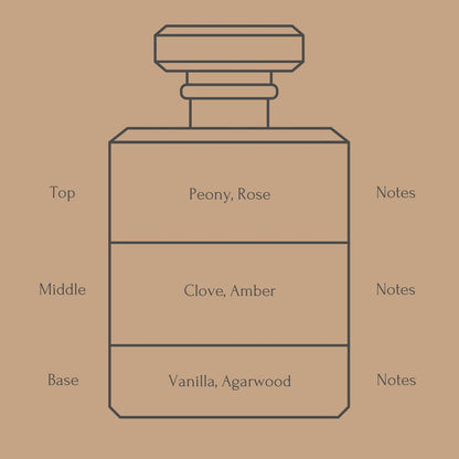 Perfume bottle diagram with fragrance notes on a beige background