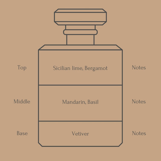 Perfume bottle diagram with fragrance notes for top, middle, and base layers on a beige background