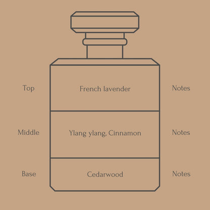 Perfume bottle diagram with fragrance notes for top, middle, and base layers on a beige background