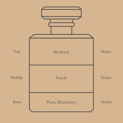 Perfume bottle diagram with fragrance notes for top, middle, and base layers on a beige background