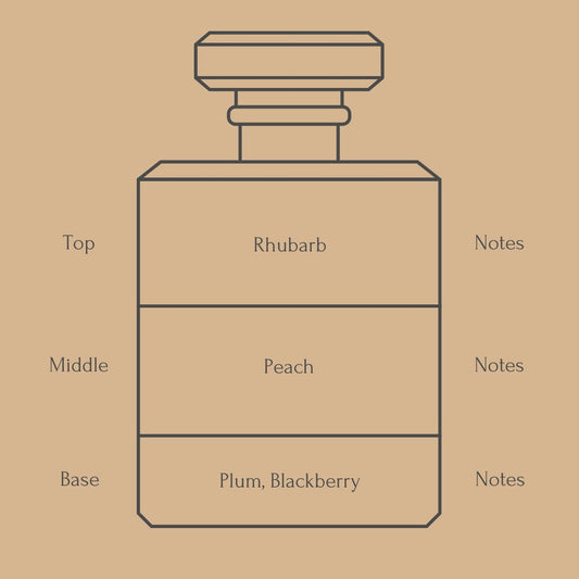 Perfume bottle diagram with fragrance notes for top, middle, and base layers on a beige background