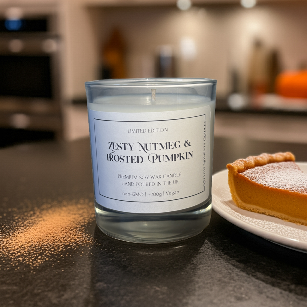Candle labeled 'Zesty Nutmeg & Roasted Pumpkin' on a kitchen counter with a slice of pumpkin pie and a sprinkle of nutmeg.