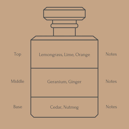Perfume bottle diagram with fragrance notes for top, middle, and base layers on a beige background