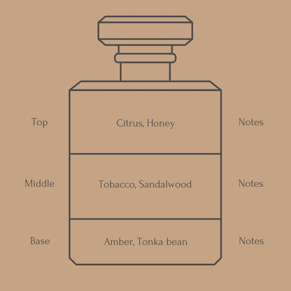 Perfume bottle diagram with fragrance notes for top, middle, and base layers on a beige background