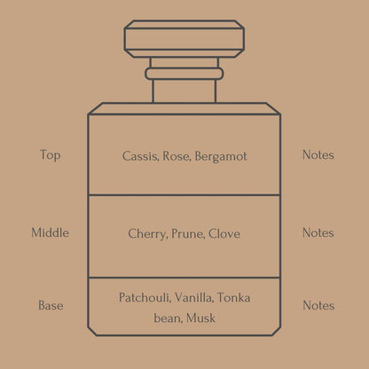 Perfume bottle diagram with fragrance notes for top, middle, and base layers on a beige background
